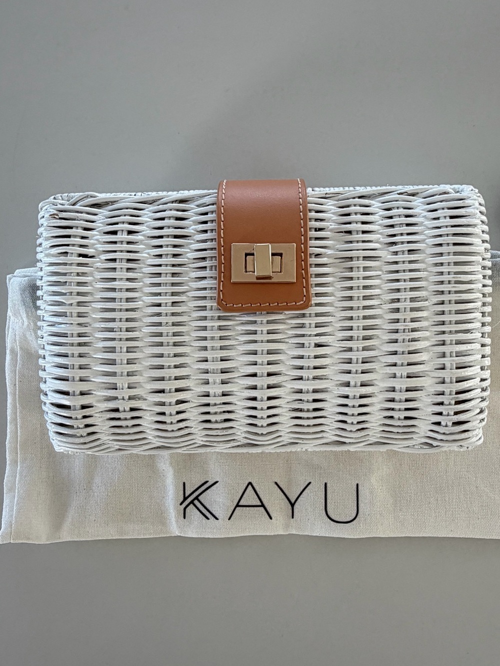KAYU White Woven Rattan Crossbody Clutch Bag with Leather Trim